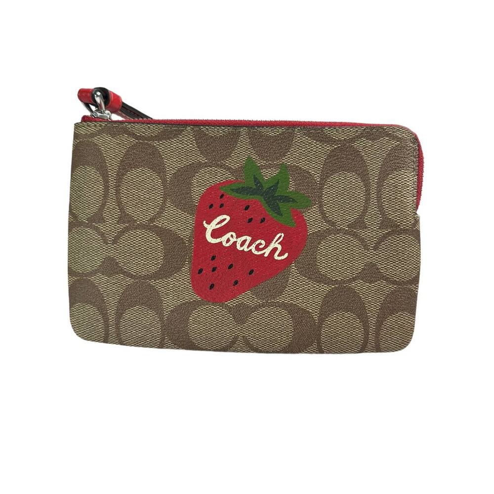 Coach Corner Zip Wristlet In Signature Canvas With Wild Strawberry